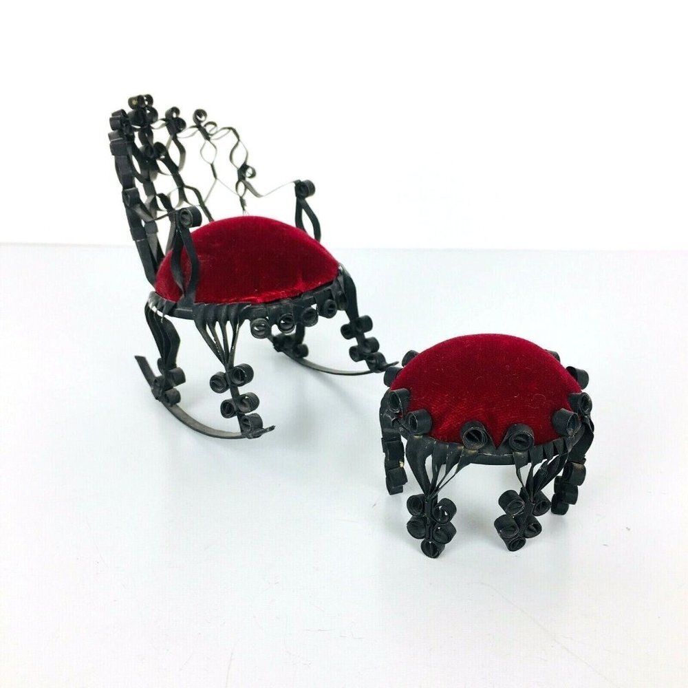 Vtg Tin Can Rocking Chair Ottoman Victorian Dollhouse Furniture Folk Tra… - Picture 9 of 9